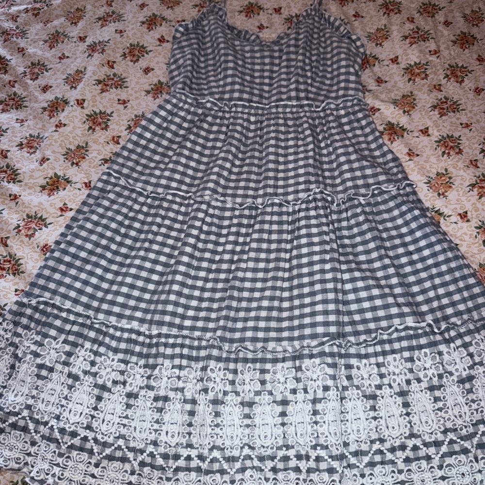 Jessica Simpson Black and White Gingham Midi Dress with Lace Trim